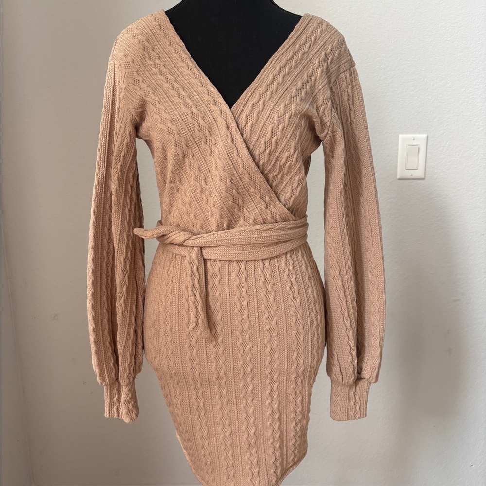 Windsor Small Tan Tunic Dress, Chic Puff Sleeve, Tie Waist, Effortless